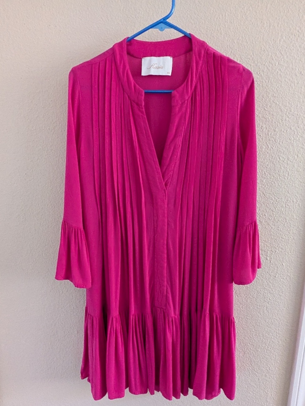 Kasia Hot Pink Pleated Bell Sleeve Mini Dress Size XS